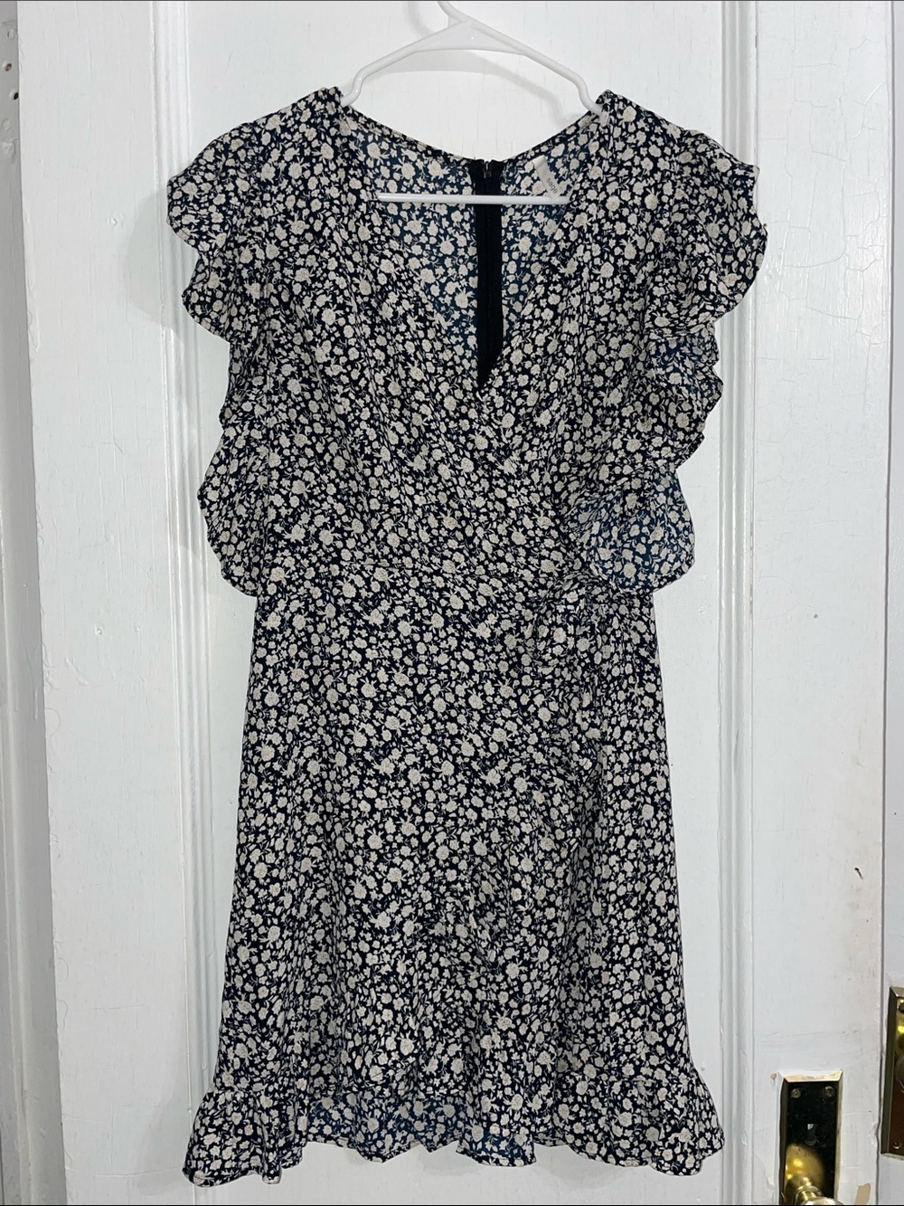Sage Navy and White Floral Ruffle Wrap Dress